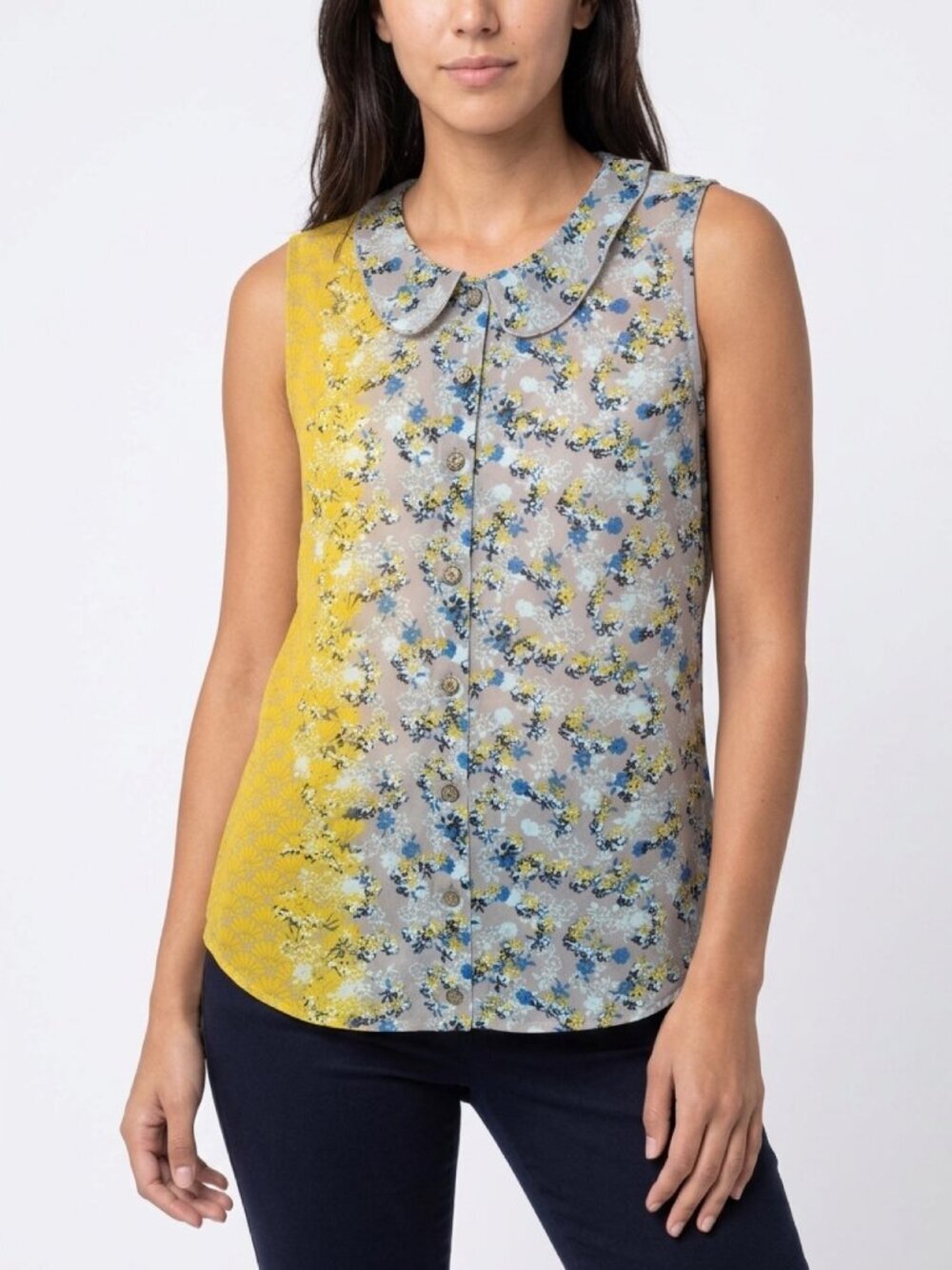 CAbi Yellow Gray Floral Button-Up Peter Pan Collar Sheer Sleeveless Blouse